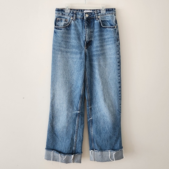 Zara Jeans Zara Cuffed Hem Wide Leg High Waisted Denim Jeans Blue 6